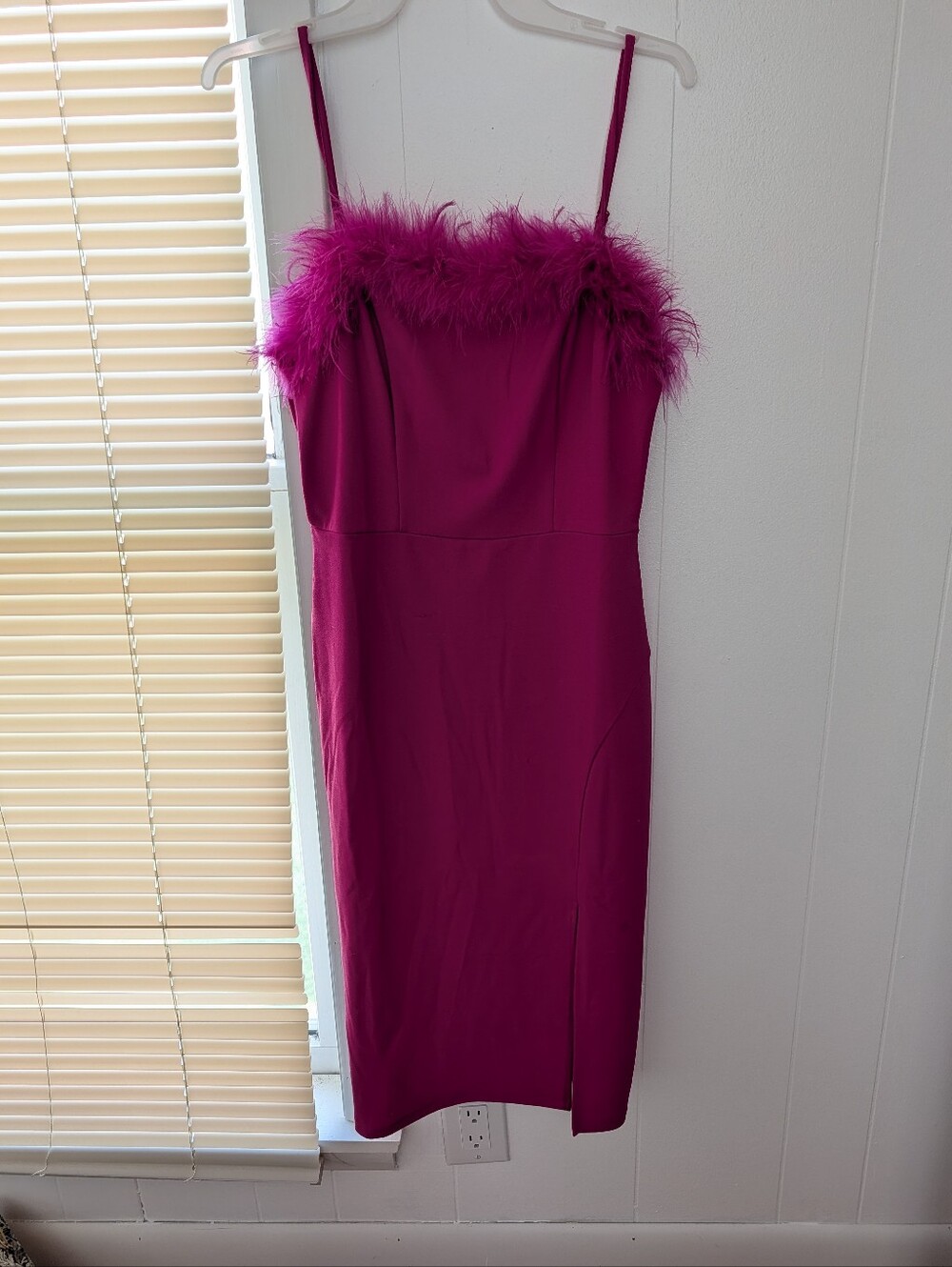 Fuchsia Feather-Trim Spaghetti Strap Dress